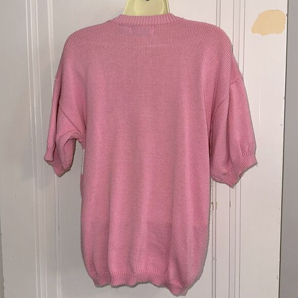Vintage 80s/90s Catalina Pink Knit Short Sleeve Long Sweater with Beach Scene - Picture 6 of 8